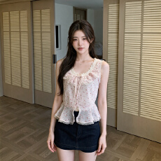 批发Bigking大金家柔光蔓纱纯欲蕾丝花边雪纺小衫女收腰<b class='q'>无袖</b>上衣