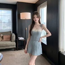 批发M900蕾丝花边针织吊带套装女高腰百褶短裙纯欲显瘦气质辣妹两件套