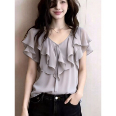 批发法式设计感荷叶边<b class='q'>雪纺衫</b>女短袖气质减龄上衣时尚舒适2026春季新款
