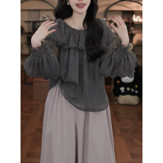 批发韩系波点荷叶边娃娃衫女2026春季新款长袖一字肩<b class='q'>宽松</b>设计感上衣