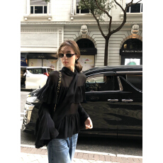 批发Gakee official 法式黑色<b class='q'>雪纺衫女</b>春夏设计感双层荷叶边轻透衬衣