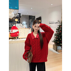 批发实拍实价~红色毛衣女冬季圣诞穿搭韩系假两件Polo领宽松慵懒上衣
