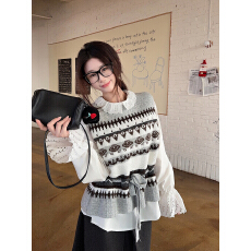 批发实拍实价~费尔岛提花高领抽绳背心秋冬+时髦肩章高领打底衫两件套