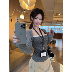 批发实拍实价~<b class='q'>修身</b>长袖格子假两件针织上衣