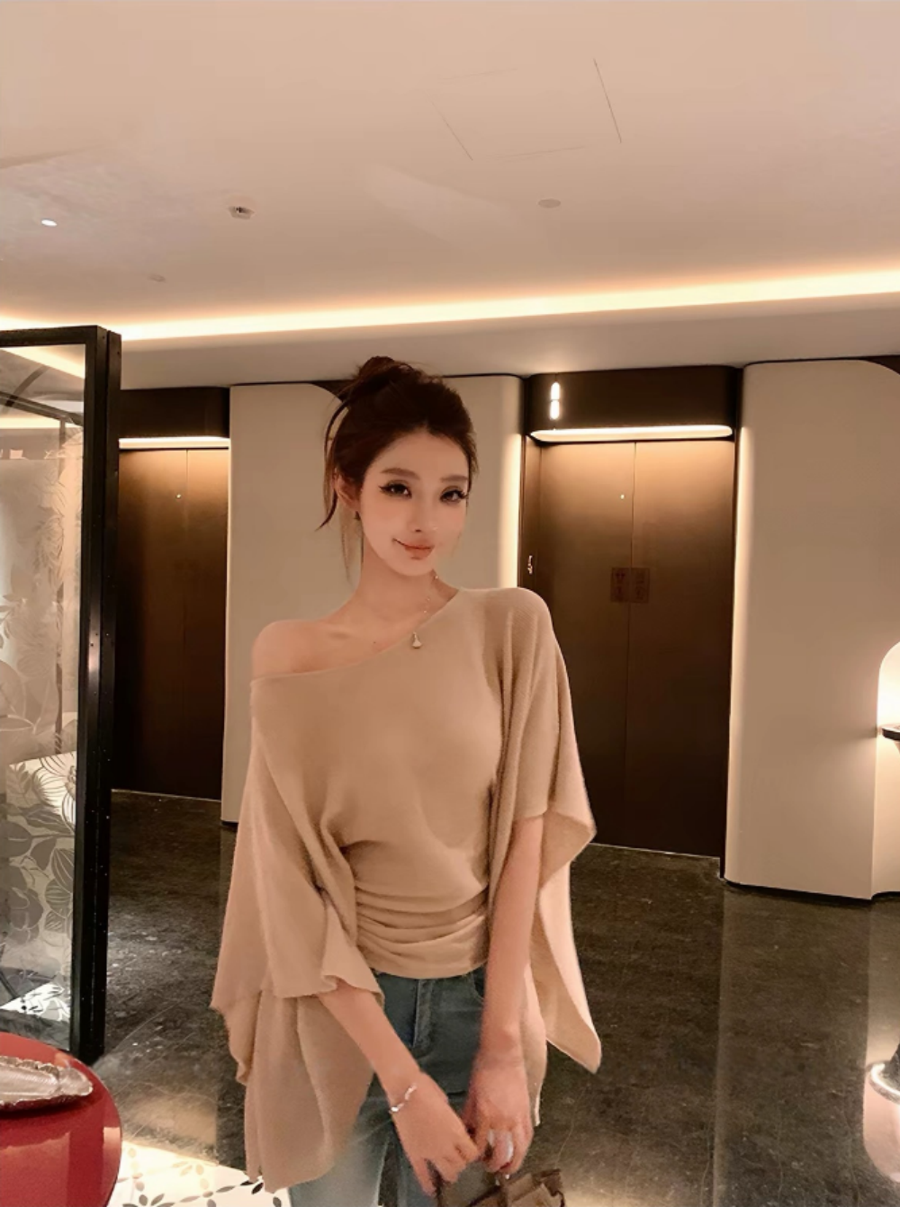 정가 감소되지 않음 녹색 블루 섬 카키 색 미니멀리즘 다용도 슬림해 보이는 비스듬한 어깨 니트 스웨터 맨위