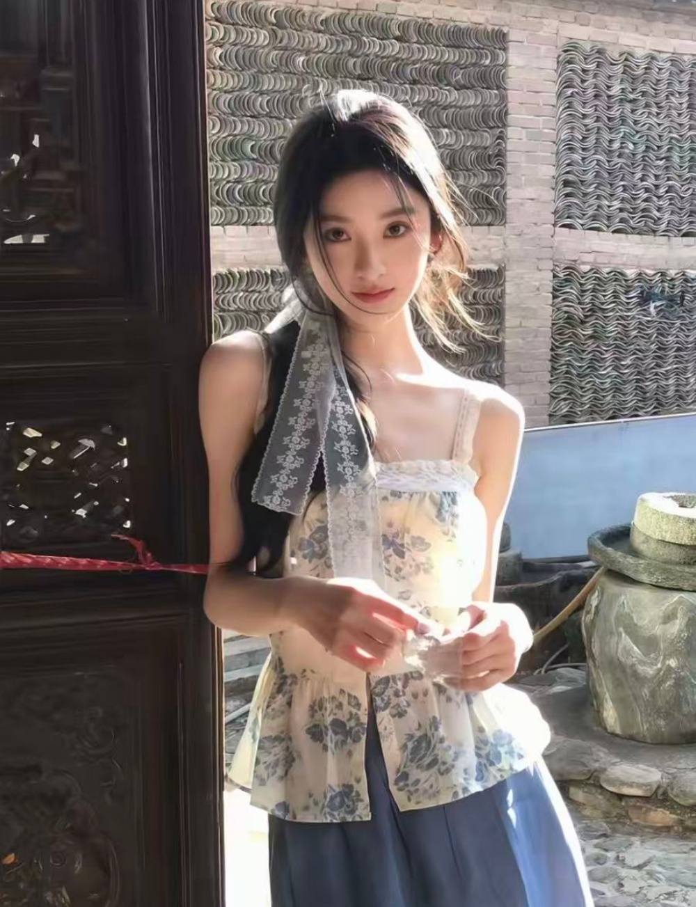 정가 감소되지 않음 소녀 아로마 꽃무늬 레이스 조각 민소매 허리 수축 작은 슬링 맨위