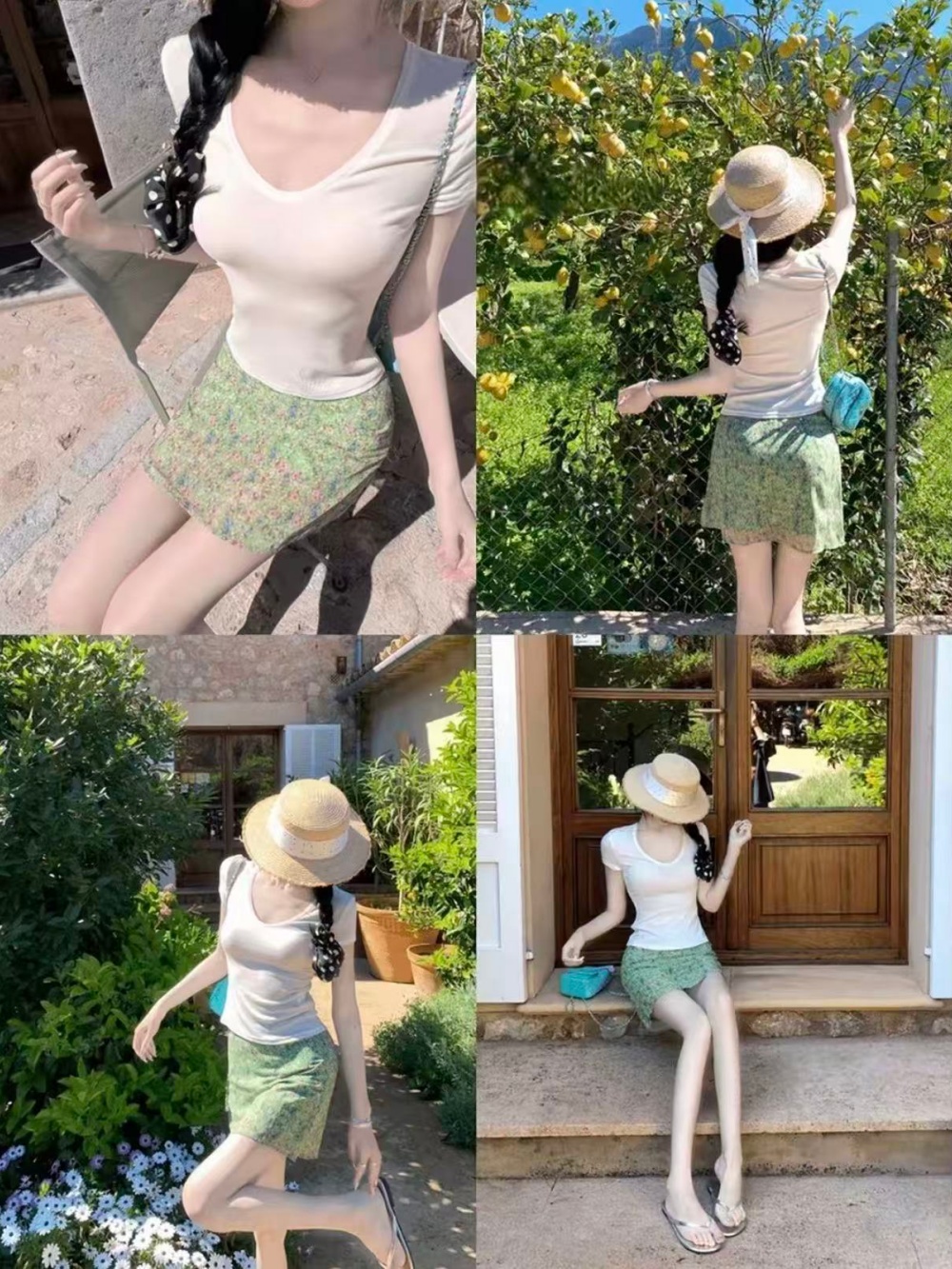 정가 감소되지 않음 여름 분위기 센스 V넥 반팔 티셔츠 맨위 얇고 가벼운 꽃무늬 반 스커트 투피스 세트