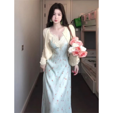 批发蓝色蕾丝吊带碎花连衣裙子女<b class='q'>秋</b>季2026新款海边度假穿搭套装长裙