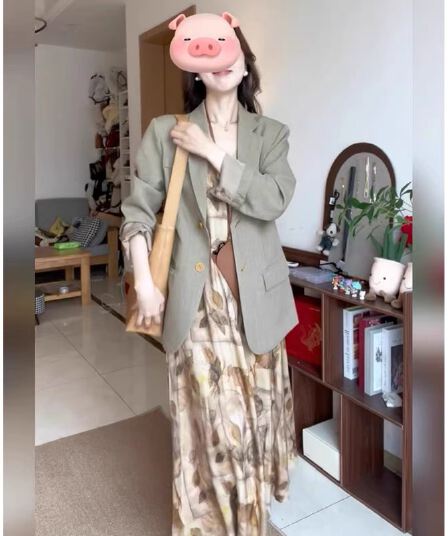 봄 가을 전체 집합 착용 가져 가라. 레트로 프린트 슬립 드레스 정장 재킷 고급 센스 슈퍼 잘 생긴 투피스 슈트