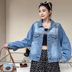 批发实拍~美式复古重工镶钻牛仔外套女<b class='q'>春</b>季高级感宽松牛仔夹克上衣潮