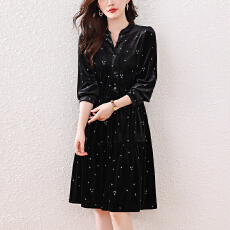 批发时尚气质印花大码<b class='q'>连衣裙</b>女2026春季新款长袖v领遮肚显瘦洋气A字裙