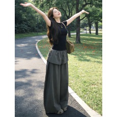 批发韩系松弛感穿搭套<b class='q'>装</b>夏季修身显瘦正肩<b class='q'>T</b><b class='q'>恤</b>假两件屁帘阔腿<b class='q'>裤</b>