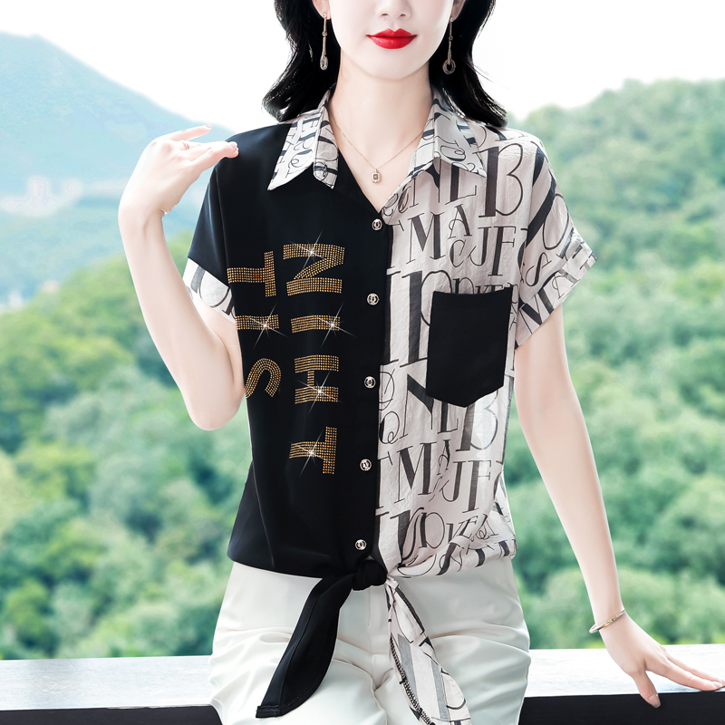 MY8308# 夏季短袖雪纺字母烫钻衬衫女大码宽松显瘦遮肉减龄系带上衣女裝貨源服裝批發