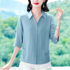 批发实拍2026夏季新款时尚洋气百搭气质修身显瘦<b class='q'>妈妈</b>装纯色七分袖衬衣