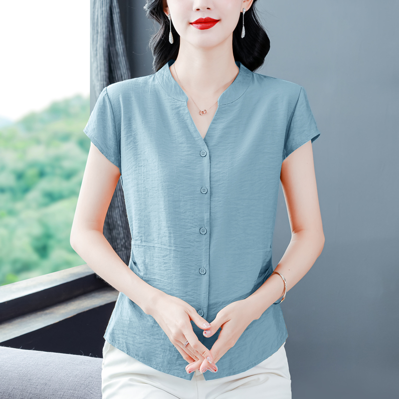실사 2026 여름 다용도 새로운 캐주얼 V넥 안감 버튼 편안함 반팔 루즈핏 셔츠 여성 셔츠