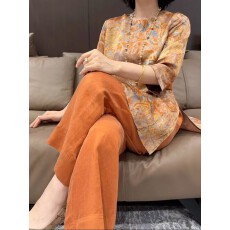 批发高级感气质时尚套装女2026年<b class='q'>夏</b>季新款新中式印花上衣阔腿裤两件套
