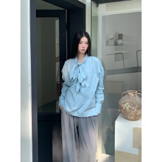 批发海盐蓝廓形兔耳系结宽松<b class='q'>设计</b>感时髦轻法式衬衫