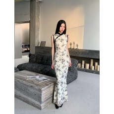 批发《白玫瑰》印花双面穿新中式改良旗袍连衣裙修身性感长裙