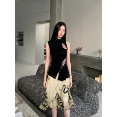 批发印花蕾丝无袖背心女新中式上衣醋酸针织+龙纹印花<b class='q'>雪纺</b>大摆<b class='q'>半身裙</b>