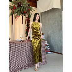 批发金色无袖连衣裙女秋季法式气质收腰中长款<b class='q'>长裙</b>子旗袍