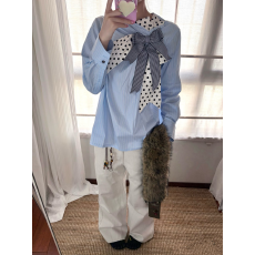 批发秋冬蓝色<b class='q'>条纹</b>拼接波点蝴蝶结长袖<b class='q'>衬衫</b>