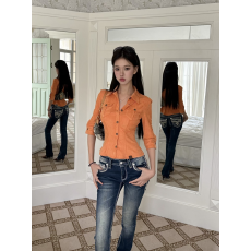 批发复古性感蜜薯色棕色麂皮衬衫日杂感半袖工装垫肩衬衣辣妹上衣