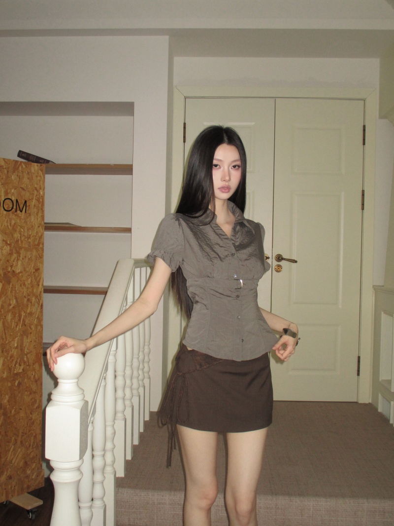 모자이크 뒤집다 스택 혼합 실 낮음 포화 상태 자갈 브라운 허리 얇은 벨트 로우 웨이스트 짧은 정장 mini 치마바지