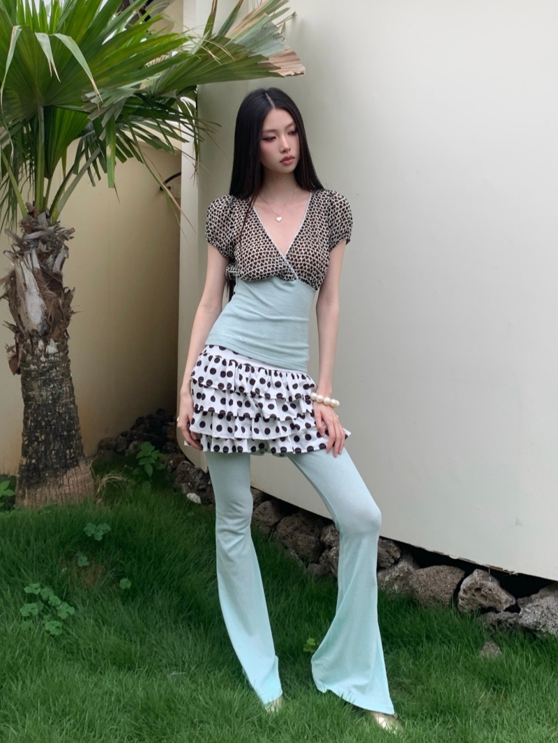여름 대양 블루 하트 거품 소매 십자가 칼라 맨위 도트 무늬 구멍 y2k 스와로브스키 사탕 색상 나팔 바지