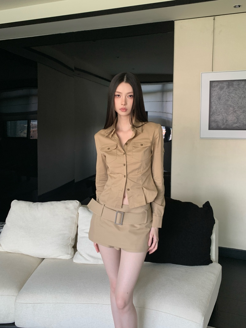 높음 지혜 섹시함 디자인 센스 몸매 가꾸기 신축성 허리 수축 셔츠 라이 경기 르 아 악당 와이드 벨트 mini 치마바지 카키