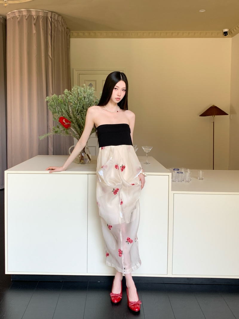 꽃 자수 튜브탑 여성 드레스 패치워크 몸매 가꾸기 슬림해 보이는 포장 가슴 치마