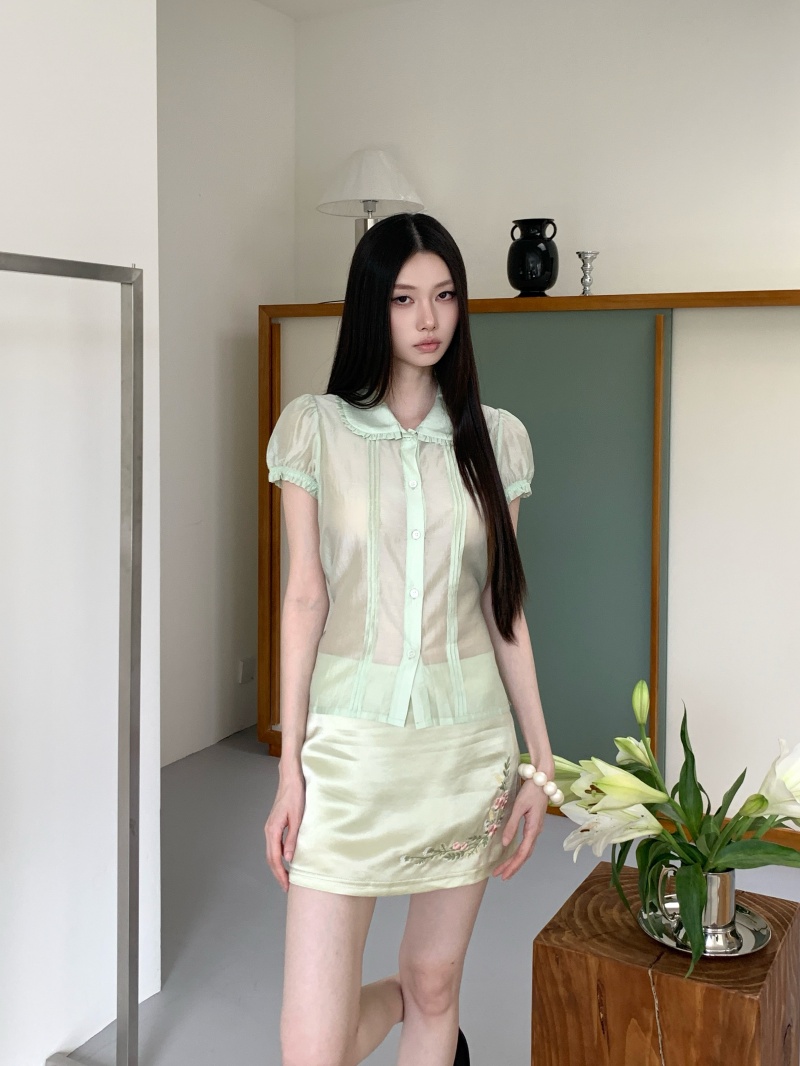 오즈의 마법사 셔츠 미니 스커트 세트 베이비 칼라 프릴 반팔 꽃 자수 아세트산 미니 스커트