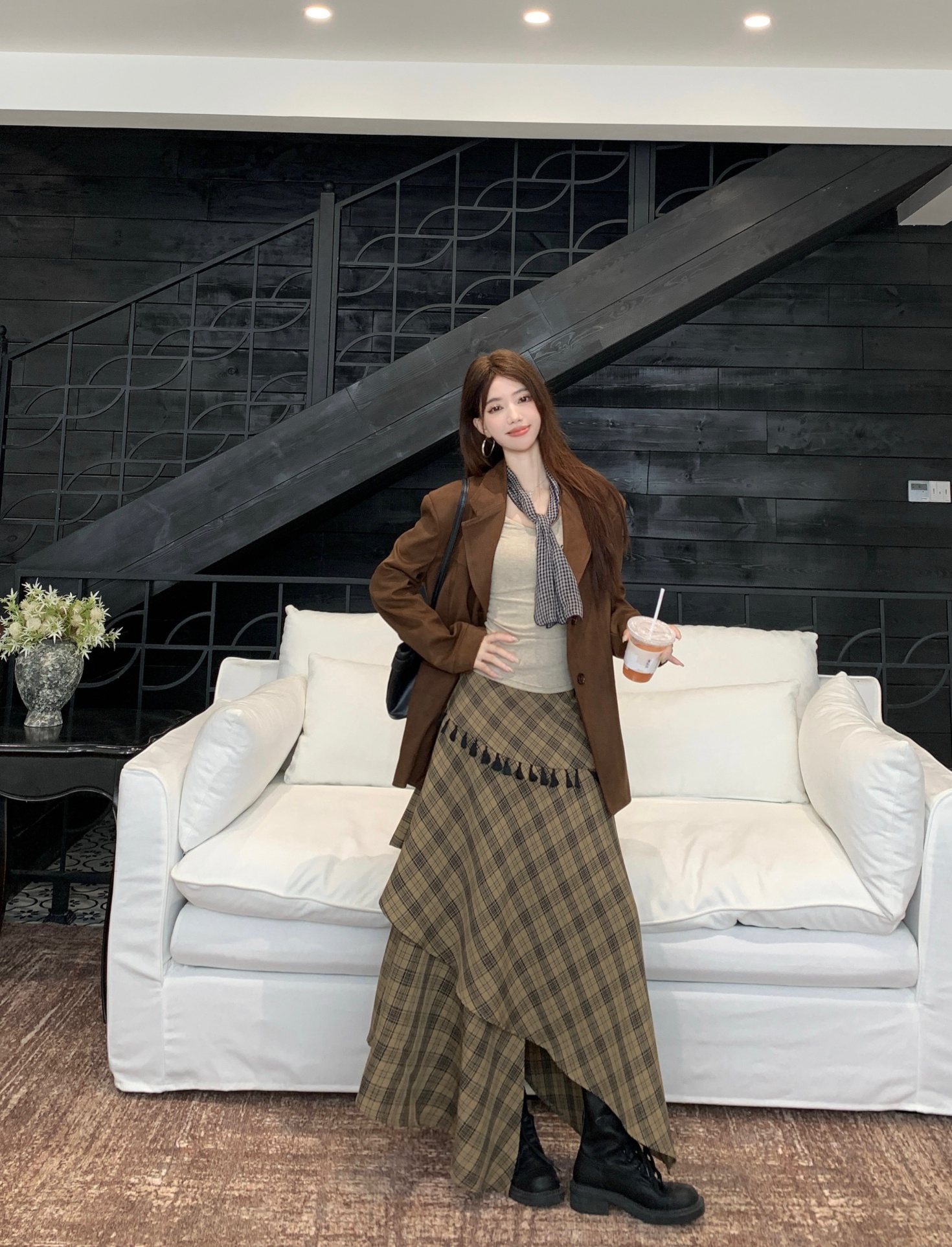 실사 정가 스웨이드 원단 정장 여성 코트 작은 키 맨위 술 체크무늬 치마 다용도 긴팔 티셔츠