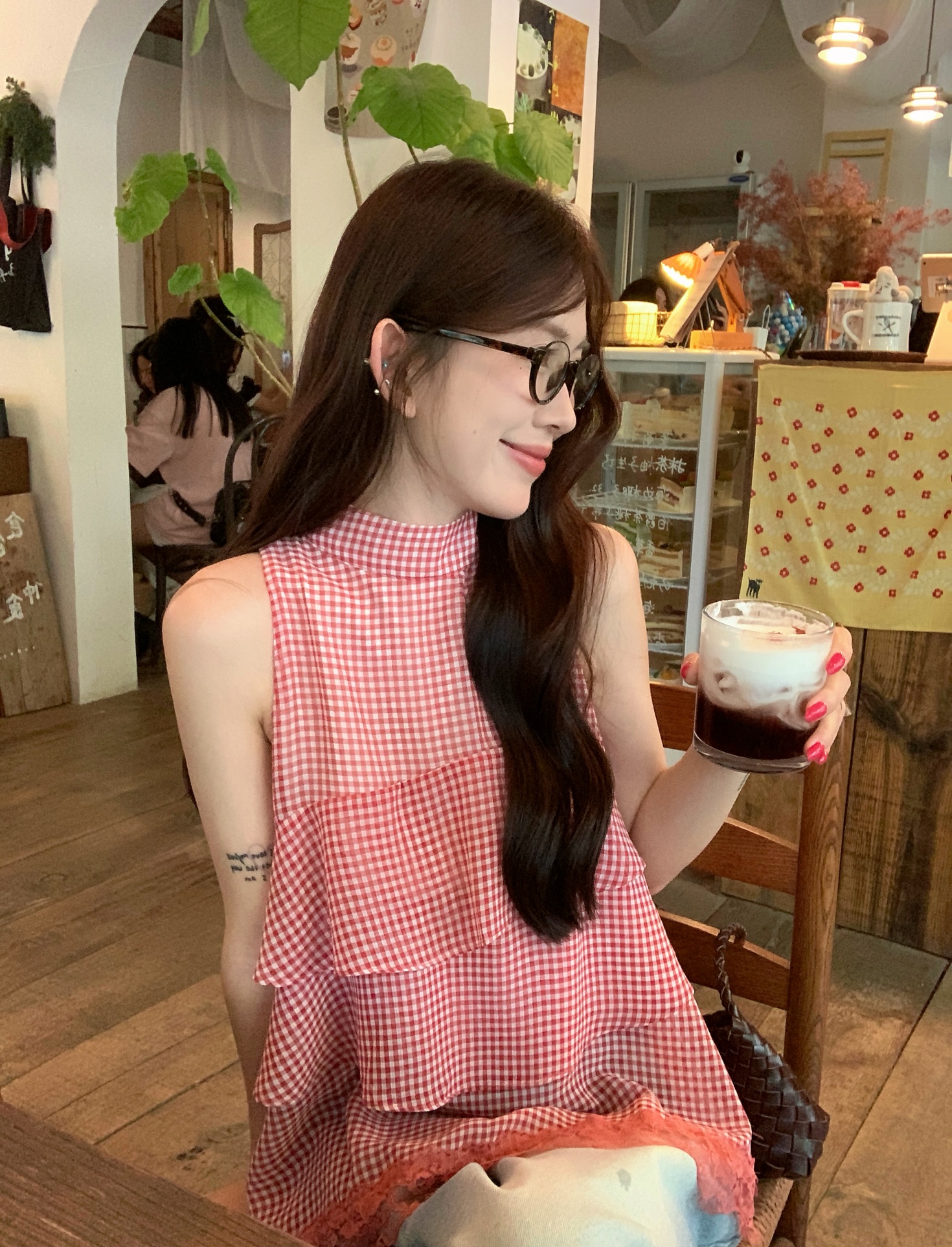 실사 정가 달콤함 소녀 센스 체크무늬 레이스 다중 레이어 작은 셔츠 민소매 슬립 맨위 여성