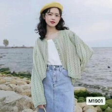 批发早秋新款韩系小众小清新圆领纯色<b class='q'>镂空</b>长袖<b class='q'>开衫</b>上衣