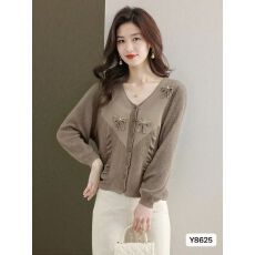 秋冬新款小清新V领蝴蝶结镂空针织百搭长袖开衫上衣女