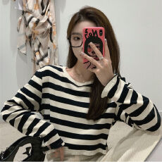 批发钱夫人家雪梨定制 宽松短款露脐条纹长袖T恤女<b class='q'>夏季</b>韩版防晒上衣