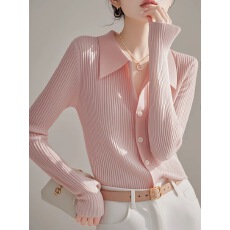 批发粉色长袖针织衫春秋新款气质polo领薄款宽松<b class='q'>开衫</b>外套超级好看上衣