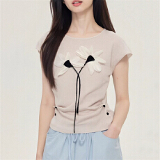 批发春<b class='q'>夏</b>季新款韩版时尚洋气交叉收腰褶皱立体花针织短袖百搭上衣
