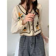 批发新款<b class='q'>韩版</b>小众文艺气质重工刺绣长袖衬衣针织开衫女