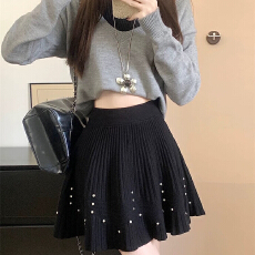 批发<b class='q'>甜美</b>烫钻针织百褶半身裙女早秋遮胯显瘦A字裙