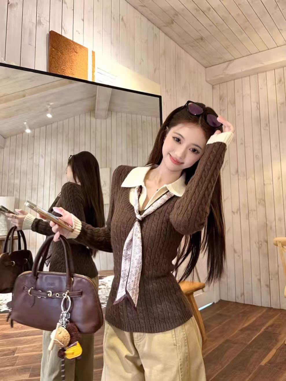 MY17038# 宋正恩咖色Polo领假两件针织衫女内搭修身短款长袖小上衣...