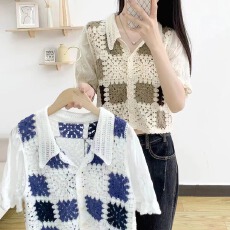 批发镂空撞色开衫外套女2026夏季新款复古甜美设计感小众短袖钩花上衣