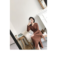 批发秋新款中长款针织连衣裙女<b class='q'>长袖</b>过膝收腰显瘦打底毛衣裙