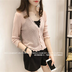 批发木耳边V领<b class='q'>七分袖</b>薄短款镂空针织防晒开衫空调衫外套上衣