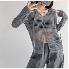 批发宽松镂空<b class='q'>针织</b>设计感长袖上衣女春夏季新款开叉防晒罩衫小众上衣潮