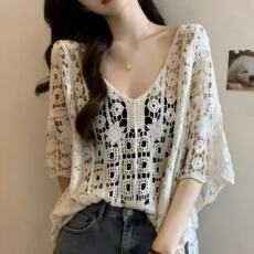批发复古<b class='q'>镂空</b>钩花圆领外搭中袖针织衫女慵懒风宽松显瘦时尚百搭上衣潮