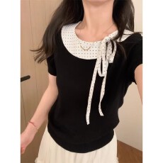 批发韩系休闲风时尚娃娃领短袖T恤女2026<b class='q'>春</b>季新款拼接设计感针织上衣