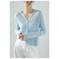 批发设计感镂空针织开衫女<b class='q'>春</b>秋季剪刀圆领冰丝亚麻长袖上衣外套罩衫