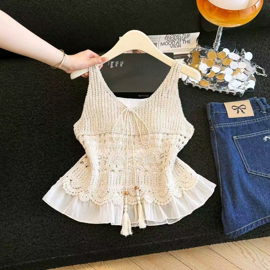 휴가 바람 자수 홀로우 아웃 레이스 조각 쉬폰 루즈핏 슬림해 보이는 민소매 외출용 맨위