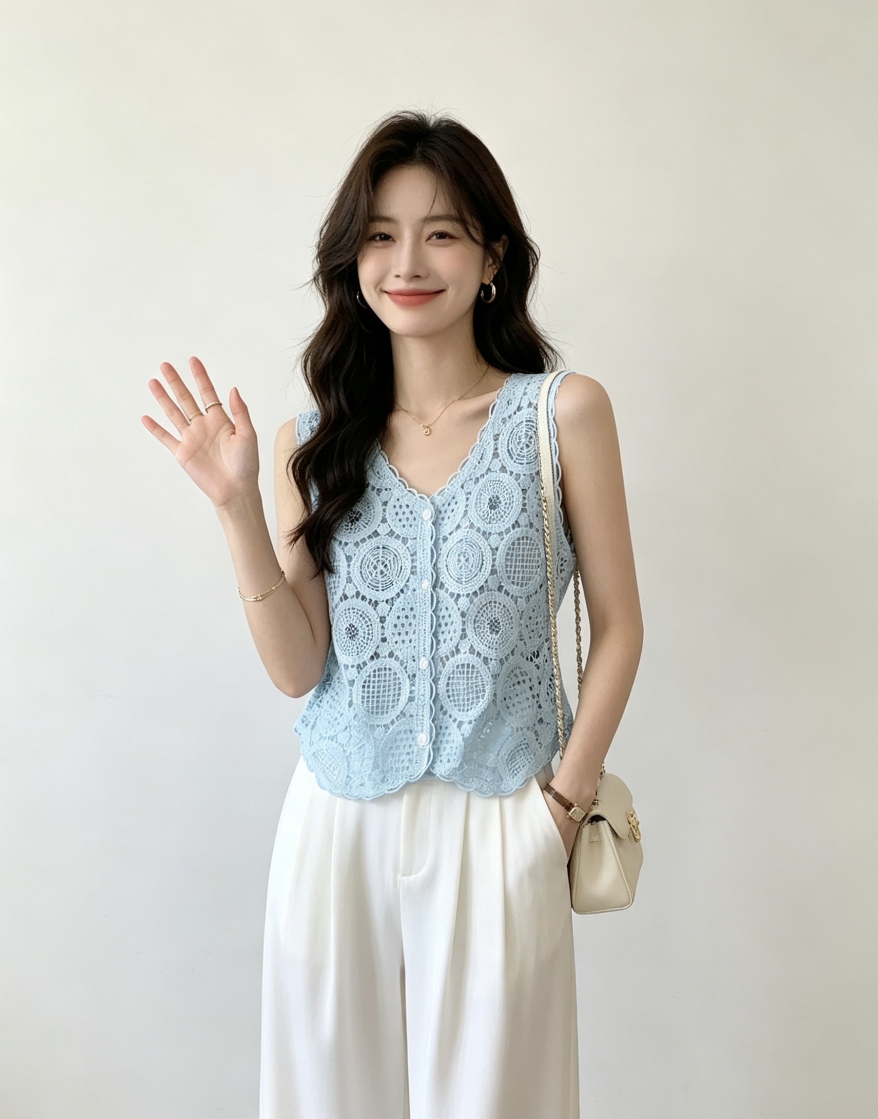 출퇴근 바람 자수 홀로우 아웃 2026 여름 새로운 한 부서 스택 착용 디자인 센스 다용도 맨위 여성
